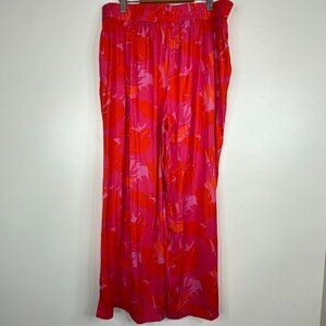 Maison d'Amelie Satin Silky Pull On High Rise Flowy Wide Leg Pant Hot Pink 1X